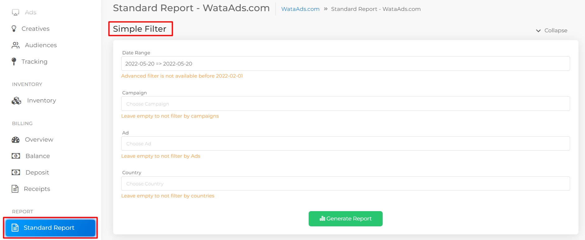 Thẻ Simple Fillter trong Standard Report tại hệ thống tự phục vụ của WataAds