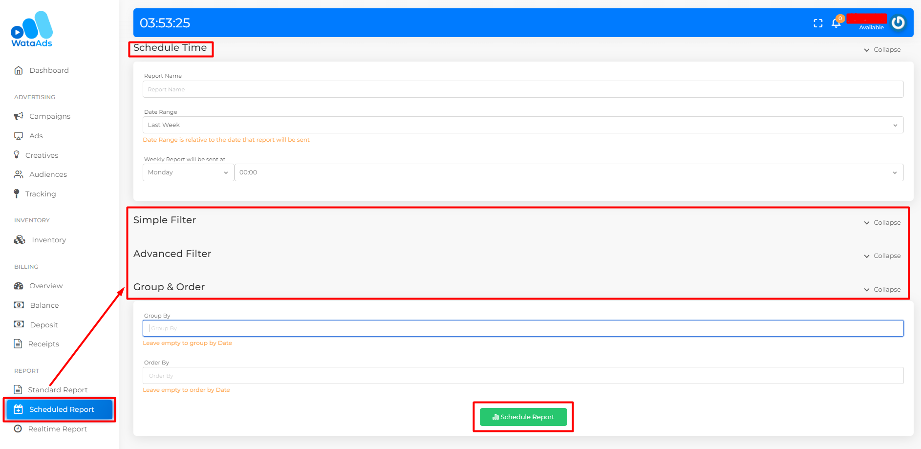 Thẻ Schedule Time trong Scheduled Report tại hệ thống tự phục vụ cảu WataAds