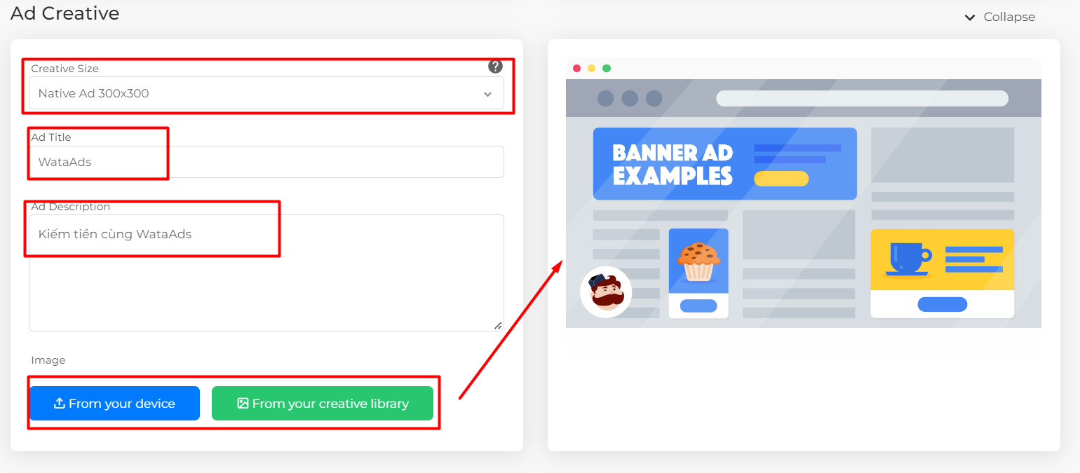 Giao diện thiết lập hình ảnh tạo quảng cáo Native Banner