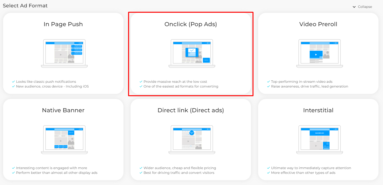 Giao diện lựa chọn hình thức quảng cáo Onclick (Pop Ads)