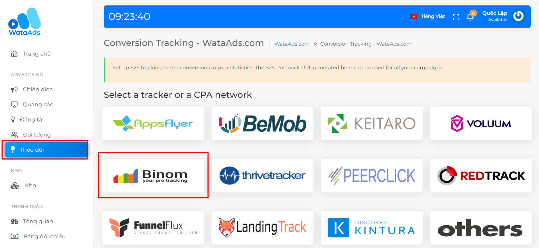 Giao diện lựa chọn hình thức theo dõi chuyển đổi tracking với Binom tại WataAds