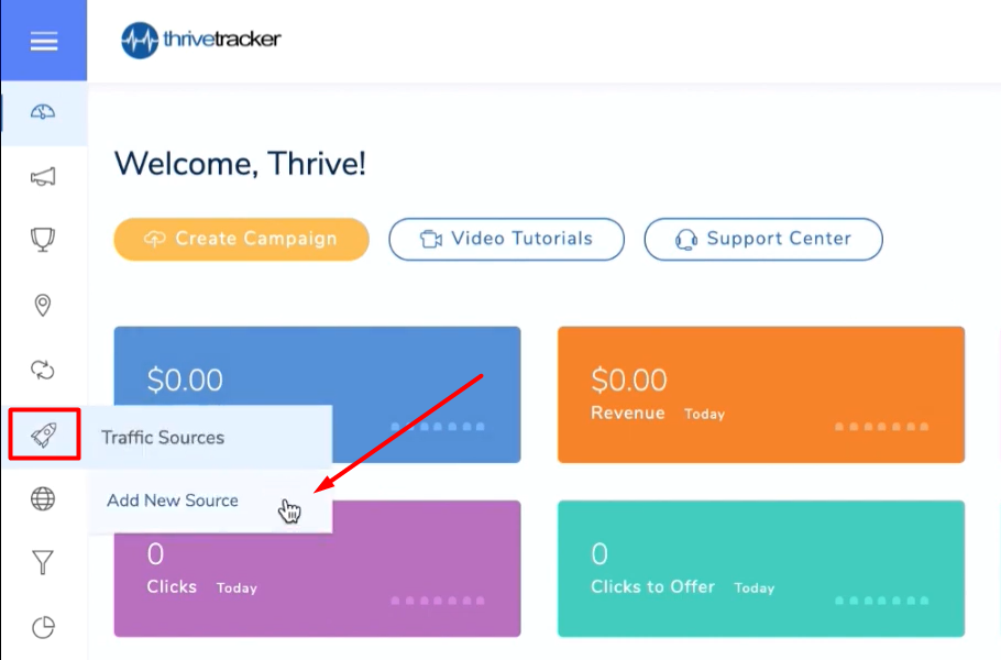 Giao diện thẻ tạo Traffic Source tại Thrivetracker