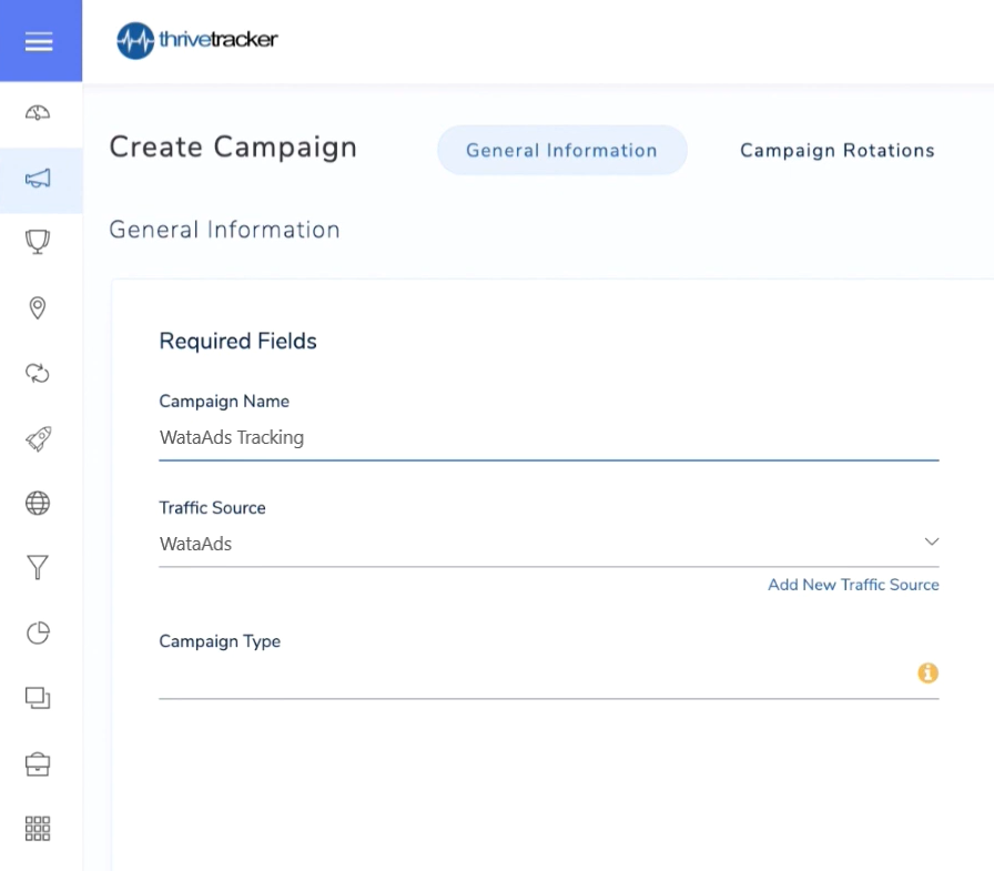 Giao diện thiết lập thông tin tạo chiến dịch theo dõi chuyển đổi vói Thrivetracker