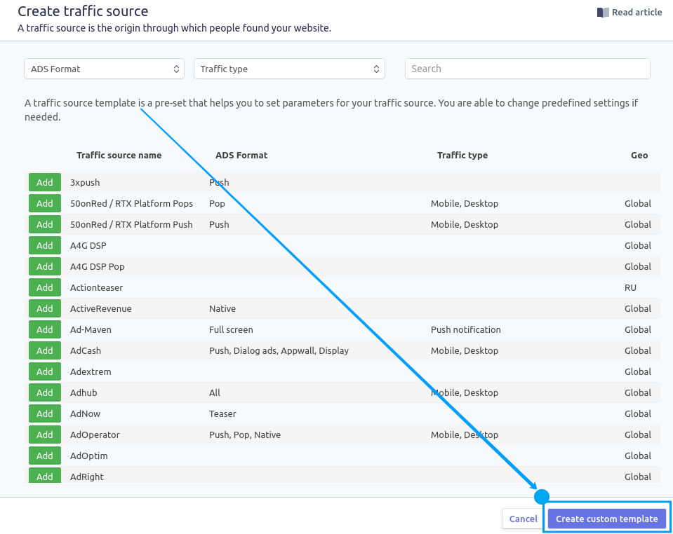 Giao diện tạo nguồn lưu lượng traffic source theo dõi chuyển đổi peerclick với WataAds