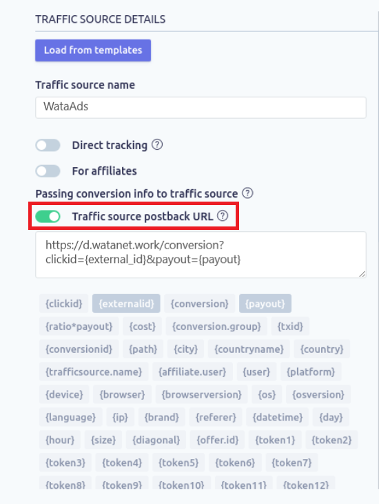 Thiết lập thông tin nguồn lưu lượng traffic source theo dõi chuyển đổi peerclick với WataAds