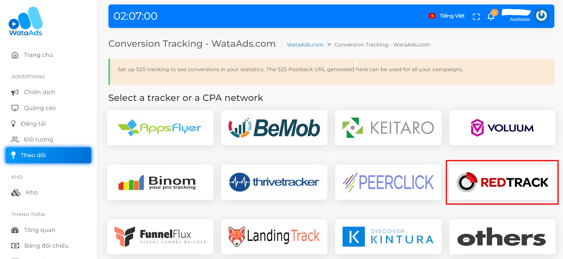 Giao diện chọn công cụ tích hợp theo dõi chuyển đổi tracking redtrack với WataAds