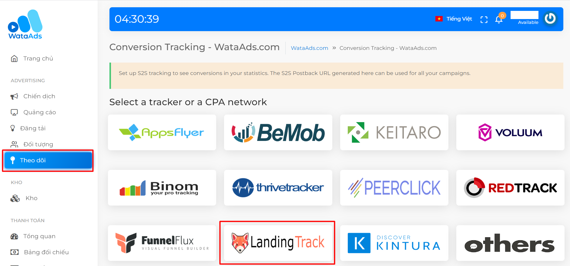 Giao diện chọn công cụ tích hợp theo dõi chuyển đổi với Landingtrack tại WataAds