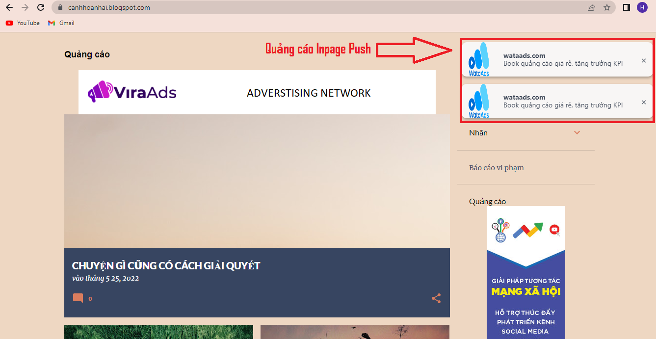 Ví dụ minh họa thực tế về quảng cáo Inpage Push